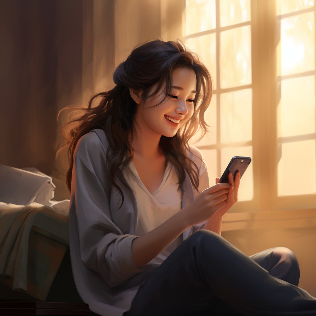 Très belle Coréenne qui regarde son téléphone et flirte avec son copain