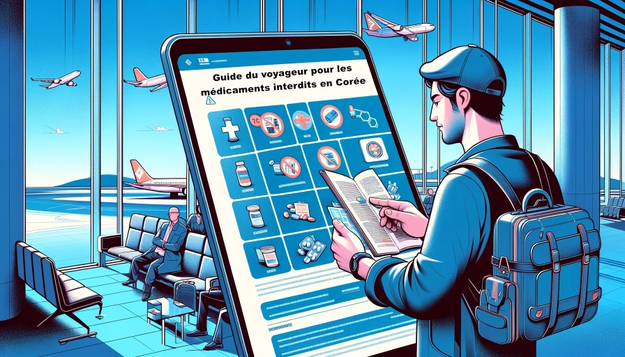 Illustration, guide du voyageur pour les médicaments interdits en Corée.