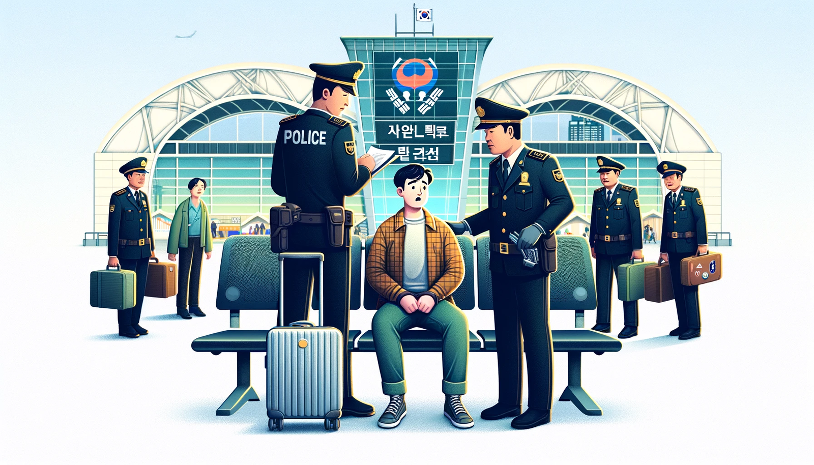 Illustration d'un voyageur étranger arrêté par la police coréenne pour possession de stupéfiant.