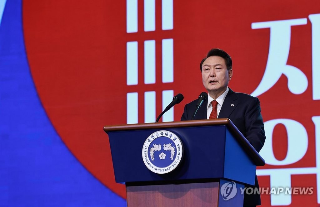 Le président sud-coréen Yoon Suk-yeol durant la cérémonie du 105e anniversaire du Mouvement d'indépendance du 1er mars 1919, à Yu Gwan-su, le vendredi 1er mars 2024 (©Yonhap).