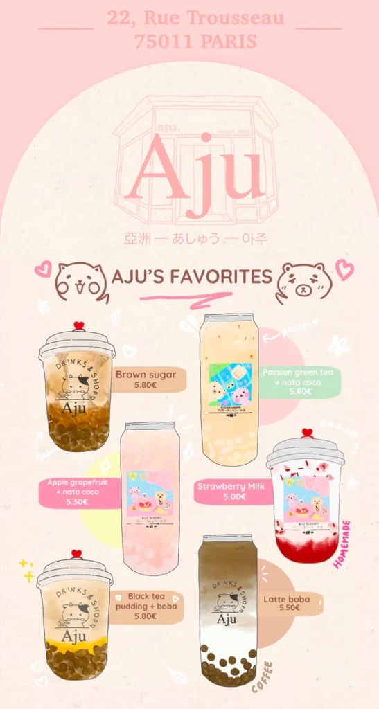 Quelques boissons gourmandes du concept store kpop Aju à Paris.