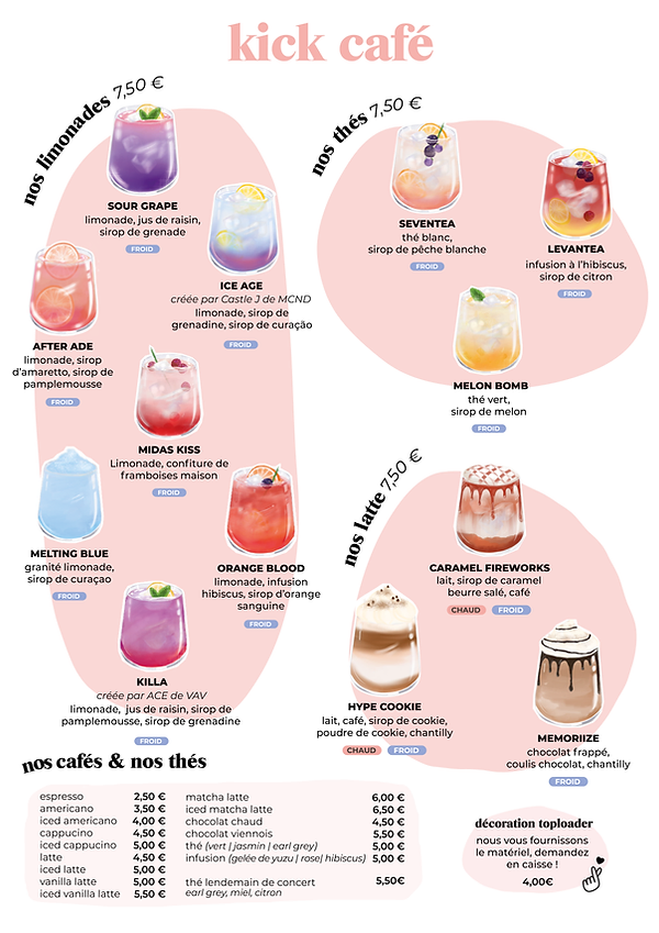 Menu de Kick Café un magasin kpop de Paris nouvelle génération.