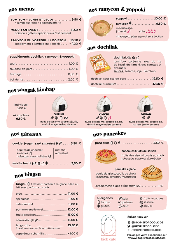 Menu de Kick Café un magasin kpop de Paris nouvelle génération.