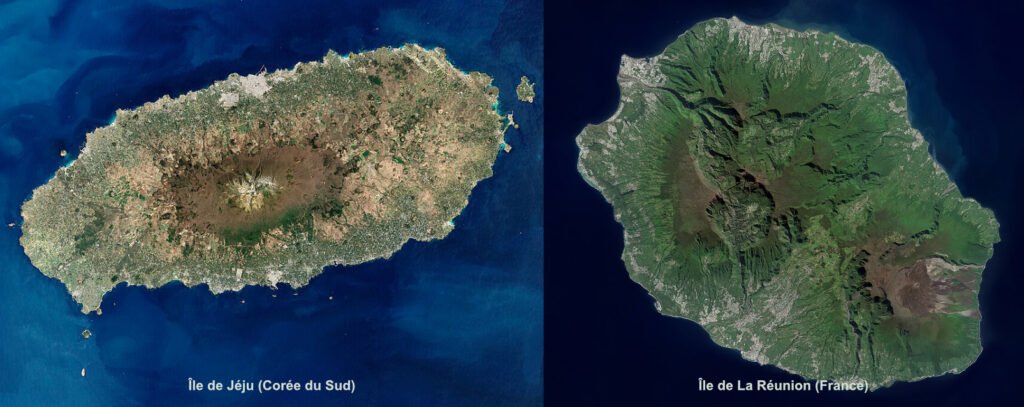 Comparaison visuelle avec des photos satellites entre l'île de Jeju et l'île de La Réunion.