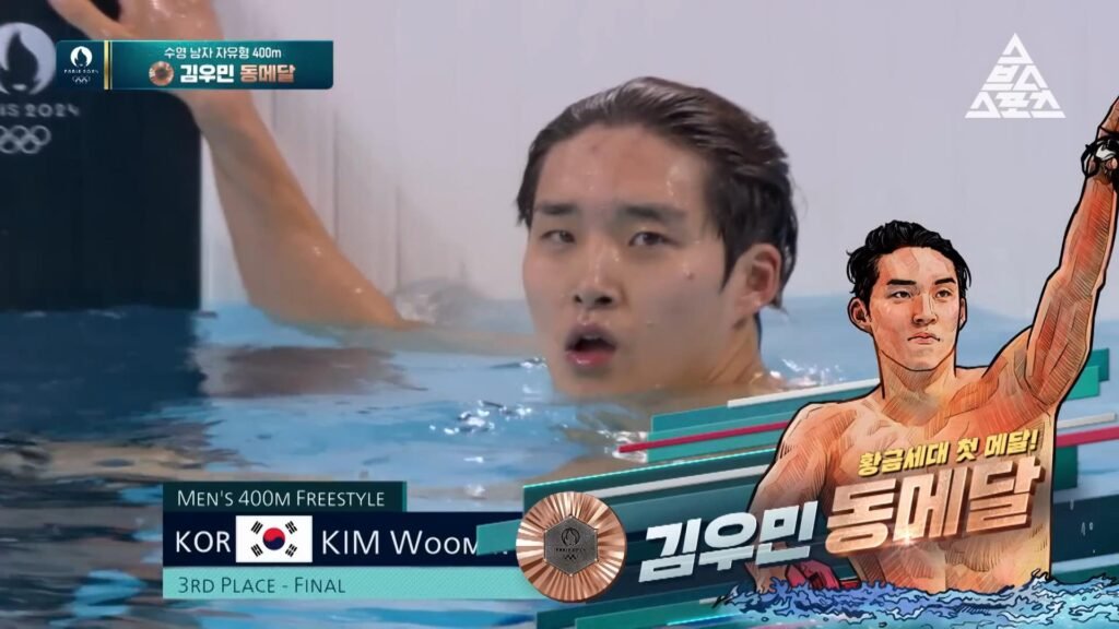 Finale du 400 m libre masculin de natation aux Jeux olympiques de Paris 2024ㅣKim Woo-min (©SBS Sports).