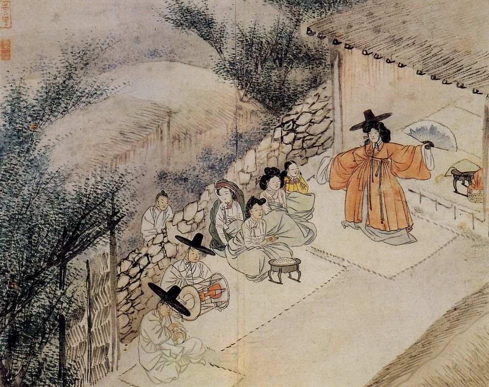 Mudang célébrant un gut. Peinture de Shin Yunbok (1805).